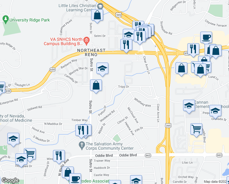 map of restaurants, bars, coffee shops, grocery stores, and more near 2315 Tripp Drive in Reno