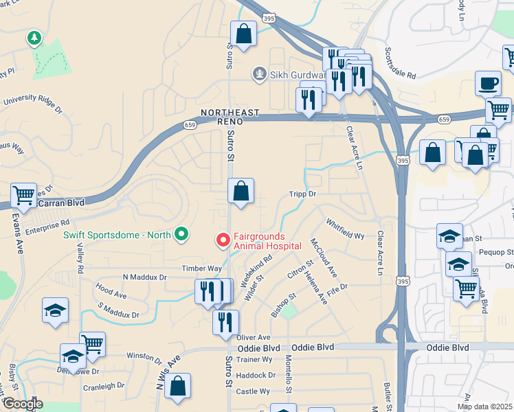 map of restaurants, bars, coffee shops, grocery stores, and more near 2530 Sutro Street in Reno