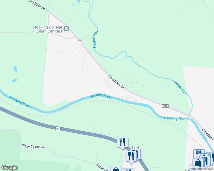 map of restaurants, bars, coffee shops, grocery stores, and more near 30617-31027 County Road 33A in Logan