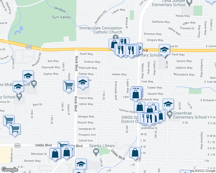 map of restaurants, bars, coffee shops, grocery stores, and more near 2275 Holman Way in Sparks