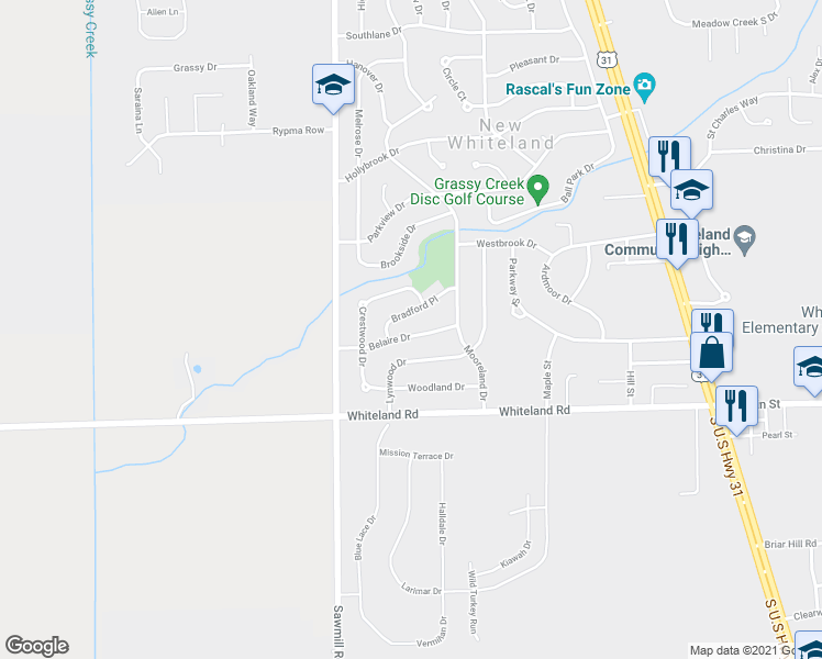 map of restaurants, bars, coffee shops, grocery stores, and more near 130 Belaire Drive in Whiteland