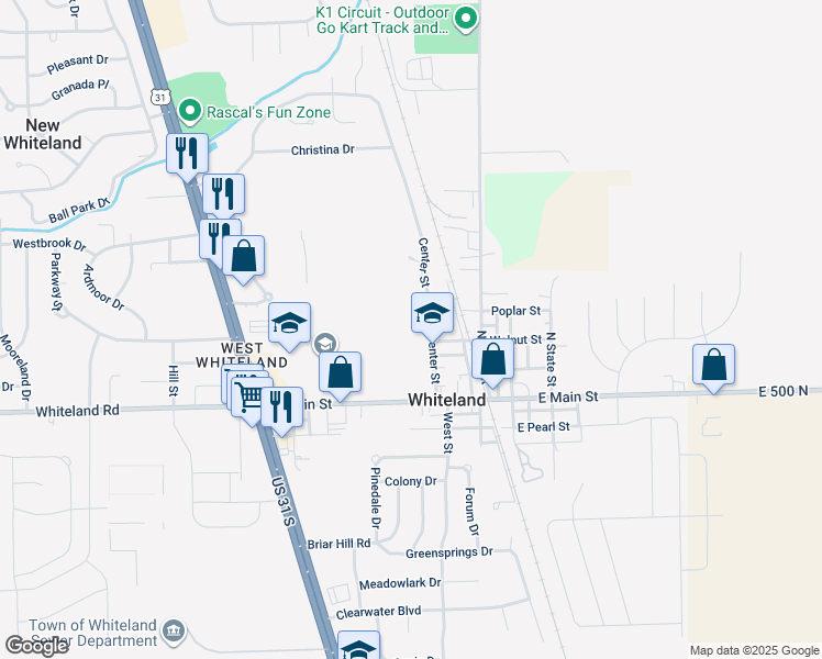 map of restaurants, bars, coffee shops, grocery stores, and more near 120 Center Street in Whiteland