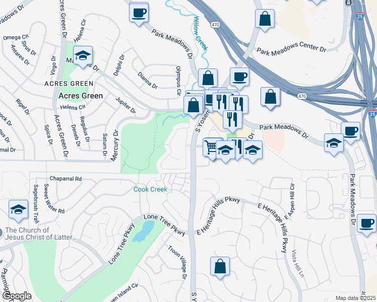 map of restaurants, bars, coffee shops, grocery stores, and more near 9085 South Yosemite Street in Lone Tree