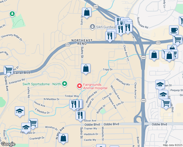 map of restaurants, bars, coffee shops, grocery stores, and more near 2530 Sutro Street in Reno