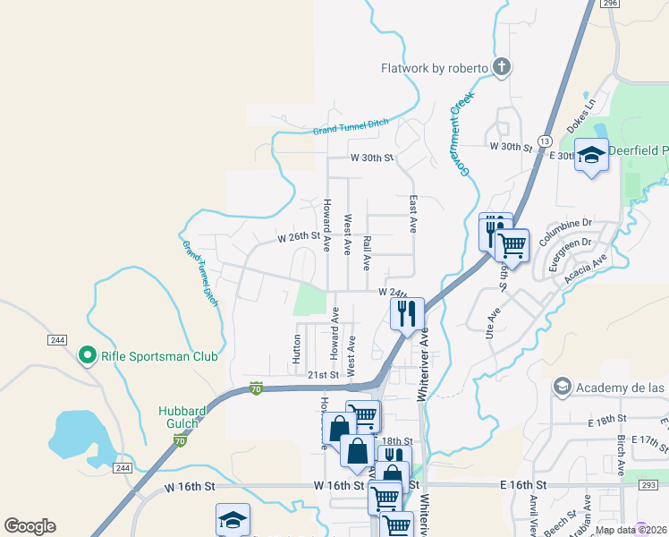 map of restaurants, bars, coffee shops, grocery stores, and more near 2426 Howard Avenue in Rifle