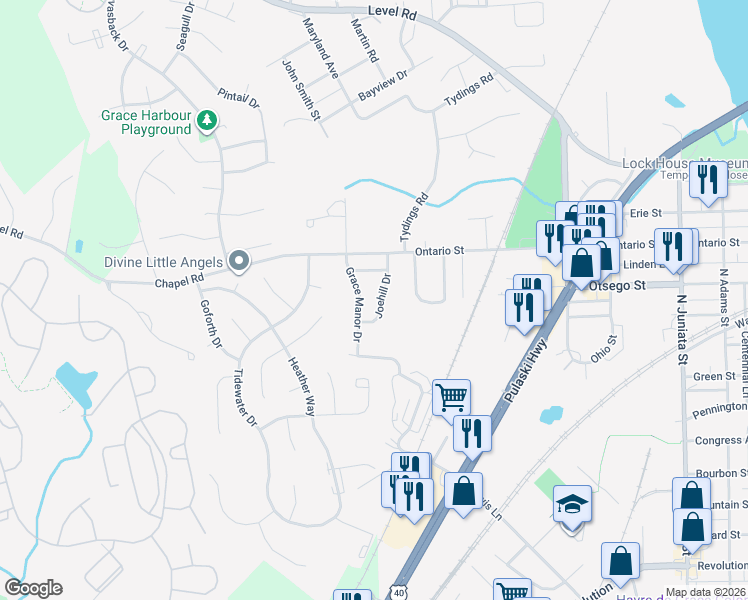 map of restaurants, bars, coffee shops, grocery stores, and more near 110 Joehill Drive in Havre de Grace