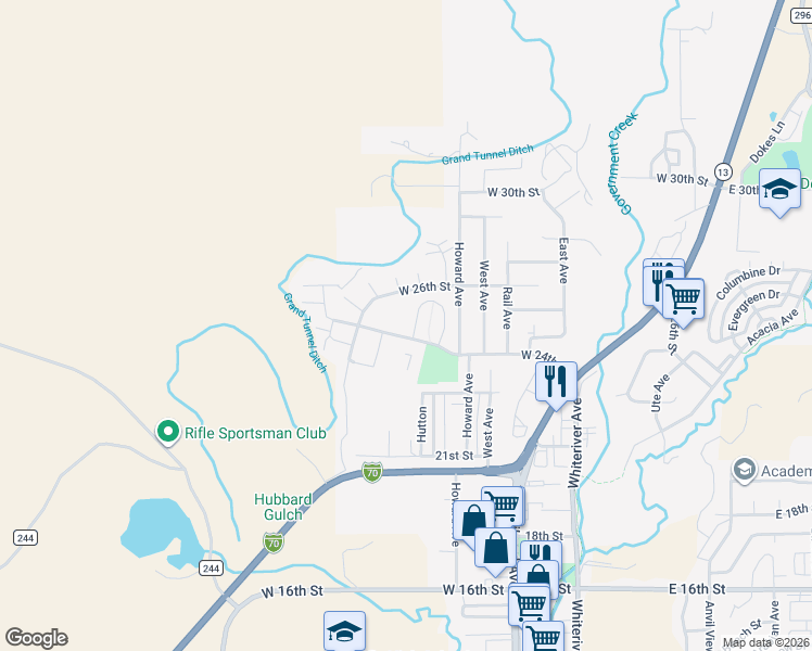 map of restaurants, bars, coffee shops, grocery stores, and more near 822 West 24th Street in Rifle