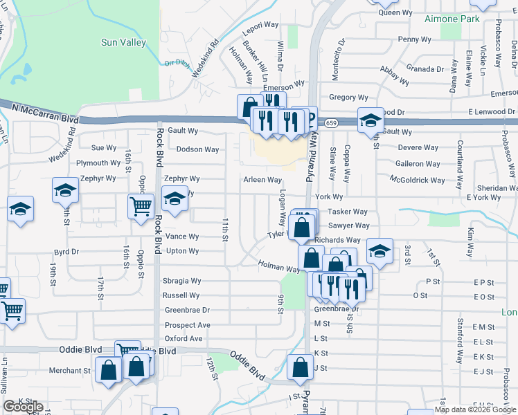 map of restaurants, bars, coffee shops, grocery stores, and more near 2220 Schroeder Way in Sparks