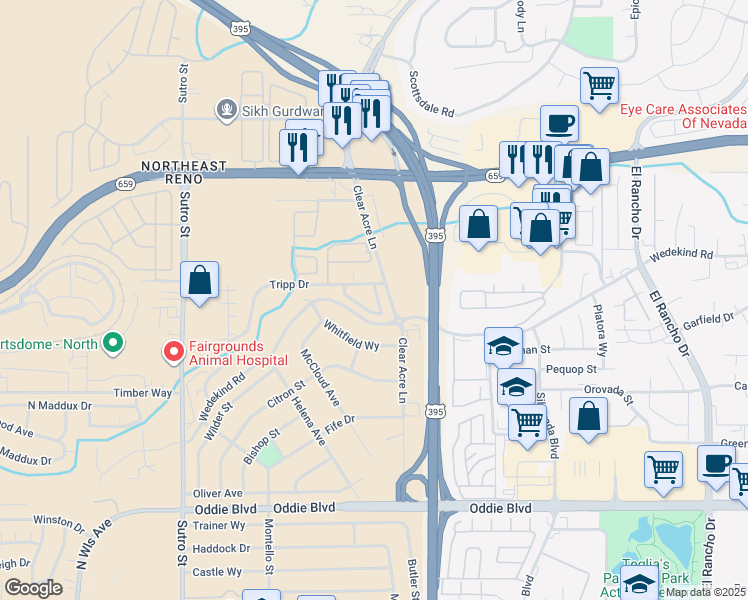 map of restaurants, bars, coffee shops, grocery stores, and more near 3534 Willow Hills Circle in Reno