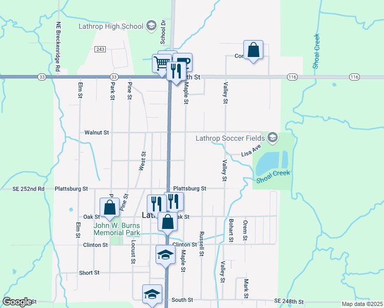 map of restaurants, bars, coffee shops, grocery stores, and more near 213 Maple Street in Lathrop
