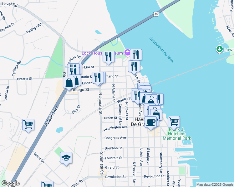 map of restaurants, bars, coffee shops, grocery stores, and more near 515 North Adams Street in Havre de Grace