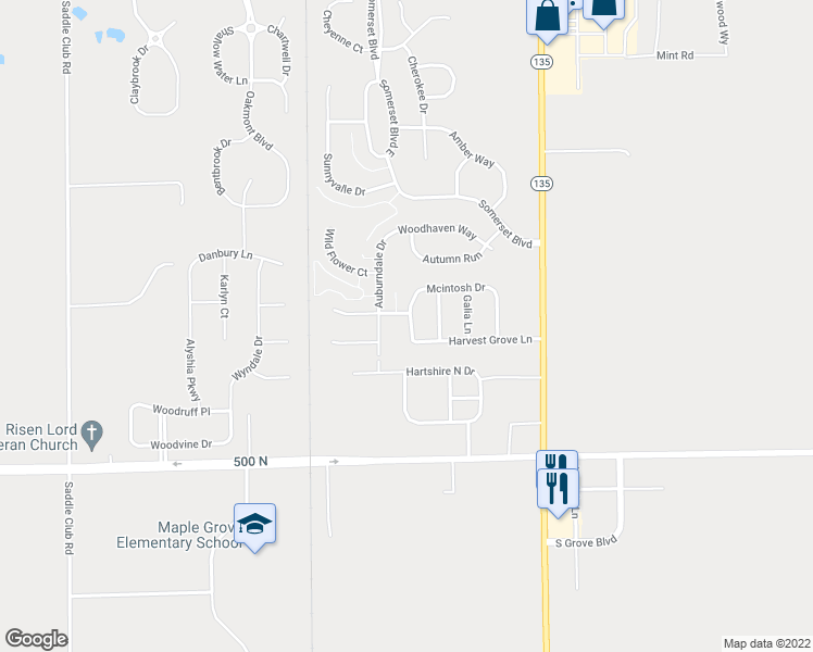 map of restaurants, bars, coffee shops, grocery stores, and more near 5520 Washington Avenue in Bargersville