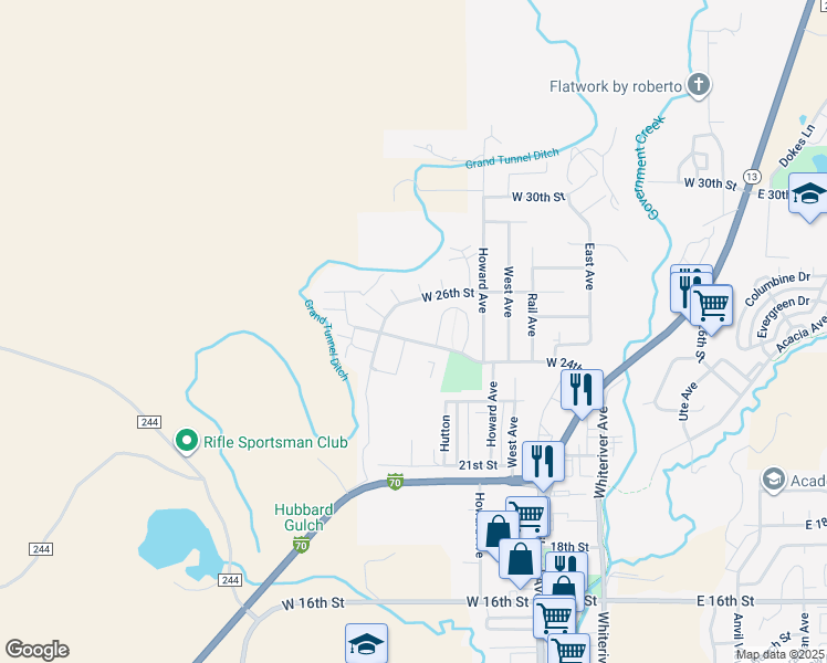 map of restaurants, bars, coffee shops, grocery stores, and more near 930 West 24th Street in Rifle