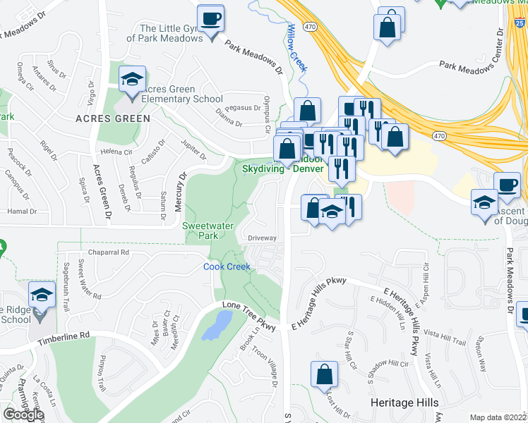 map of restaurants, bars, coffee shops, grocery stores, and more near 11 Driveway in Lone Tree