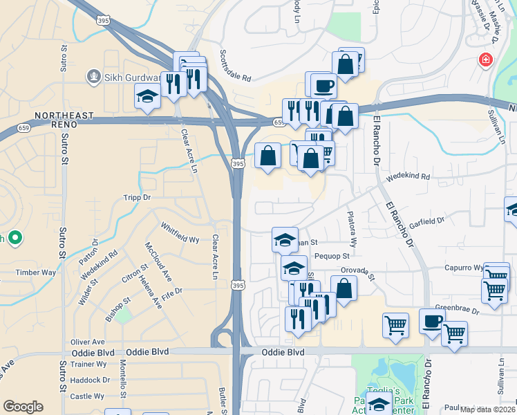 map of restaurants, bars, coffee shops, grocery stores, and more near 2777 Northtowne Lane in Reno