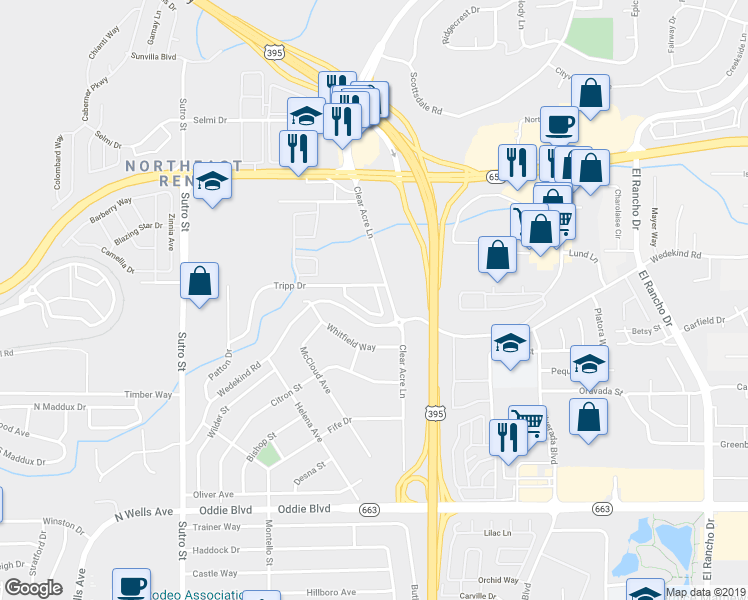 map of restaurants, bars, coffee shops, grocery stores, and more near 3534 Willow Hills Circle in Reno