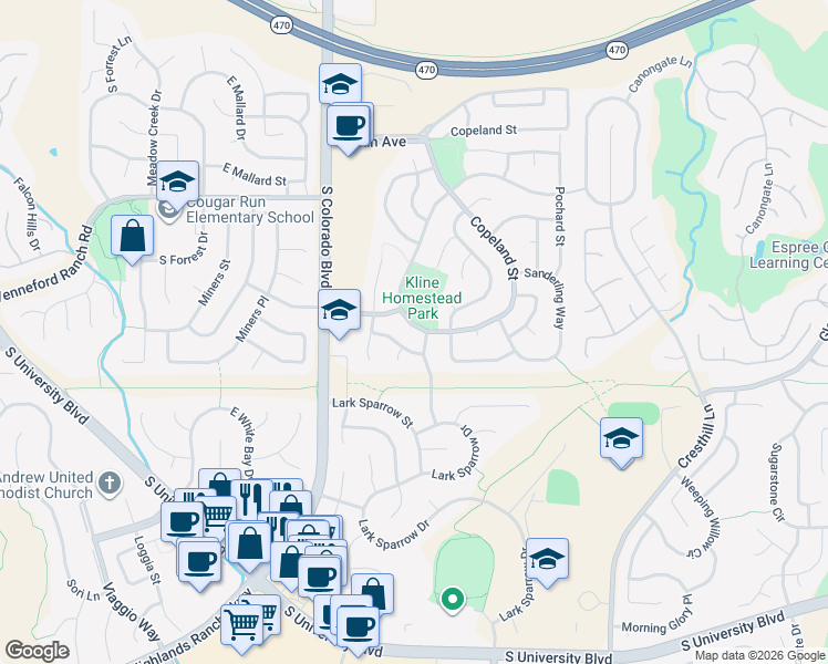 map of restaurants, bars, coffee shops, grocery stores, and more near 8936 South Copeland Street in Highlands Ranch