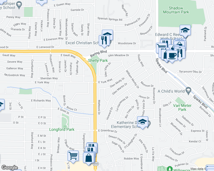 map of restaurants, bars, coffee shops, grocery stores, and more near 788 Glen Molly Drive in Sparks
