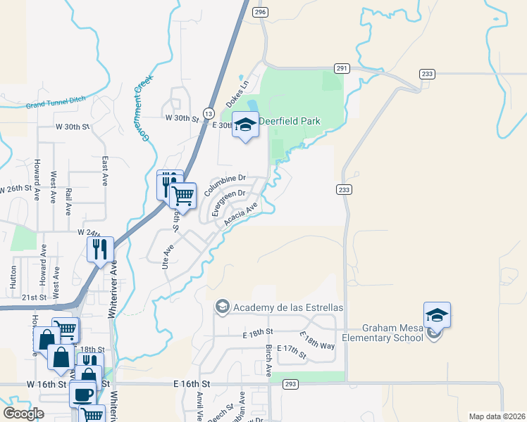 map of restaurants, bars, coffee shops, grocery stores, and more near Rifle Creek Trail in Rifle