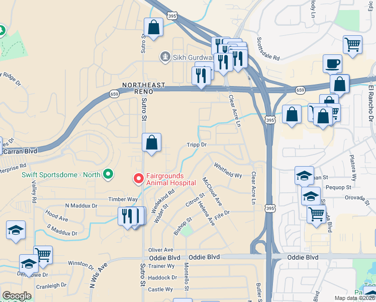 map of restaurants, bars, coffee shops, grocery stores, and more near 2385 Tripp Drive in Reno