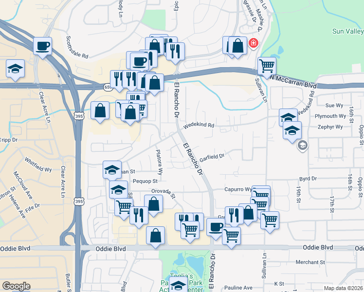 map of restaurants, bars, coffee shops, grocery stores, and more near 3230 Wedekind Road in Sparks