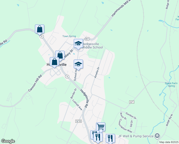 map of restaurants, bars, coffee shops, grocery stores, and more near 199 Rumbling Rock Road in Hedgesville