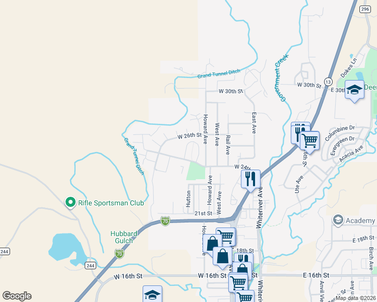 map of restaurants, bars, coffee shops, grocery stores, and more near 822 West 24th Street in Rifle