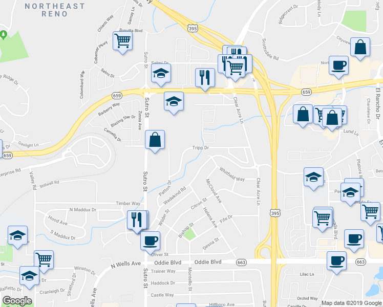 map of restaurants, bars, coffee shops, grocery stores, and more near 2095 Highview Court in Reno