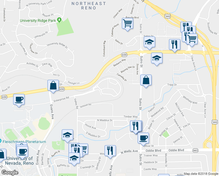 map of restaurants, bars, coffee shops, grocery stores, and more near 2800 Enterprise Road in Reno