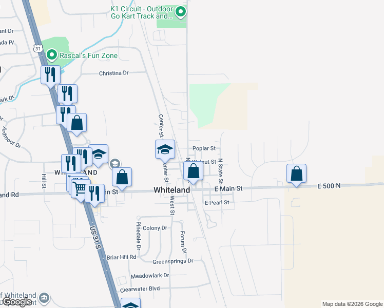 map of restaurants, bars, coffee shops, grocery stores, and more near 620 Walnut Street in Whiteland