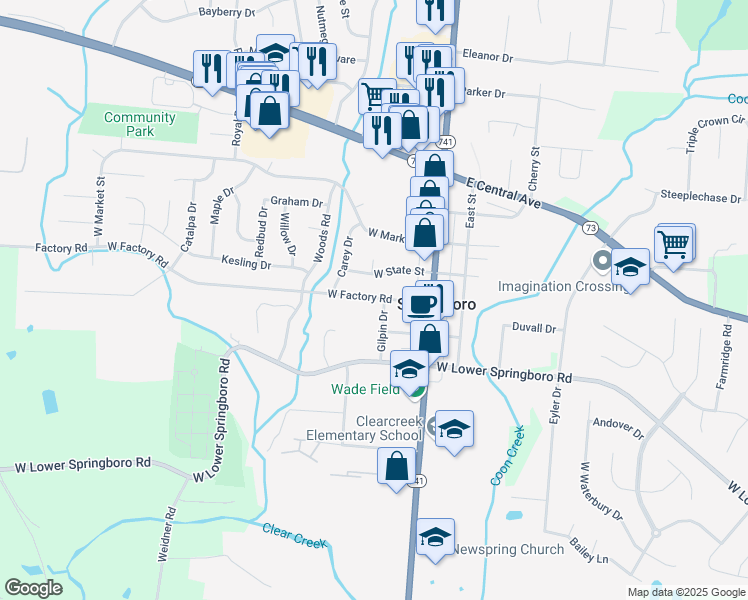 map of restaurants, bars, coffee shops, grocery stores, and more near 405 Gilpin Drive in Springboro