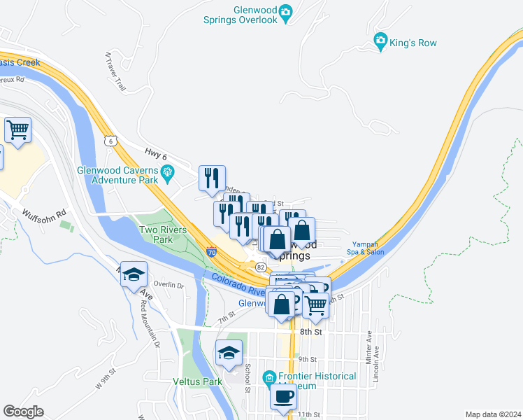 map of restaurants, bars, coffee shops, grocery stores, and more near 206 Laurel Street in Glenwood Springs