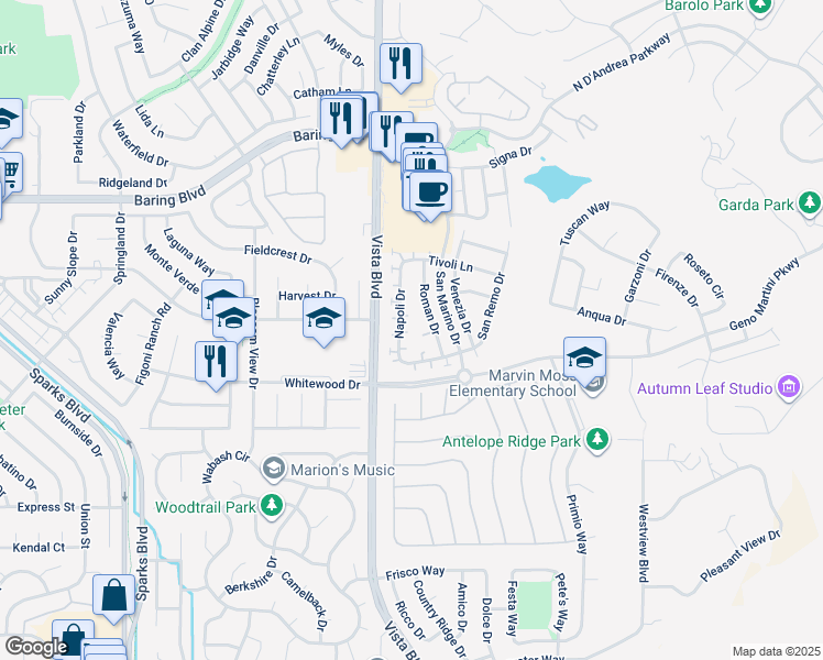 map of restaurants, bars, coffee shops, grocery stores, and more near 2356 Napoli Drive in Sparks