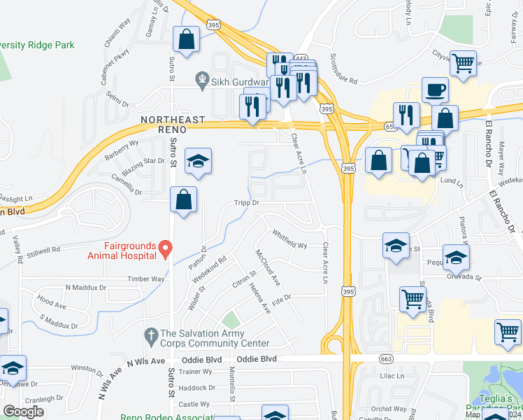 map of restaurants, bars, coffee shops, grocery stores, and more near 2530 Tripp Drive in Reno