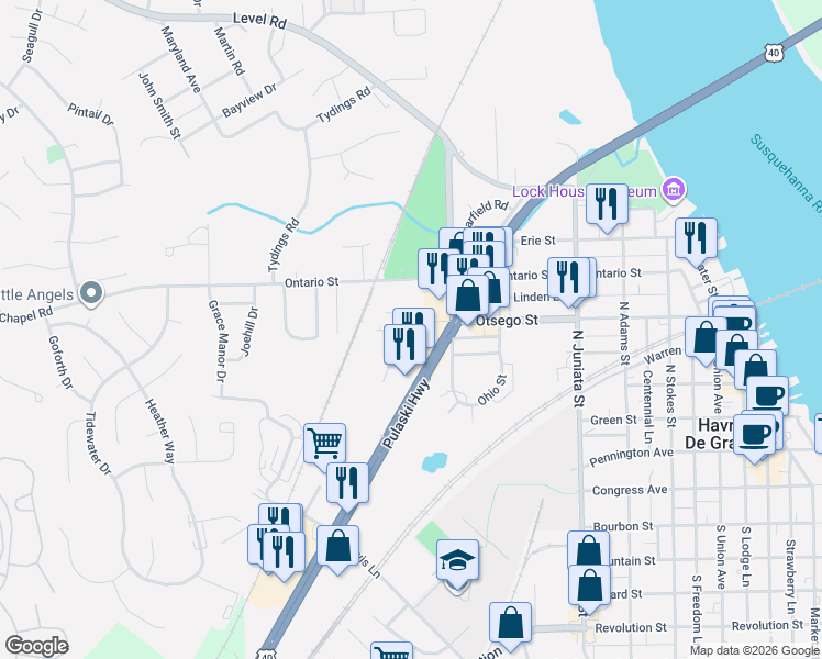 map of restaurants, bars, coffee shops, grocery stores, and more near 928 Otsego Street in Havre de Grace
