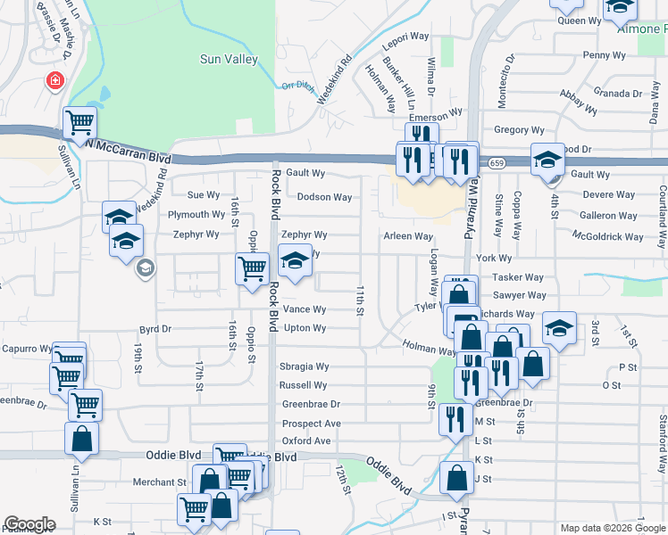 map of restaurants, bars, coffee shops, grocery stores, and more near 1125 Xman Way in Sparks