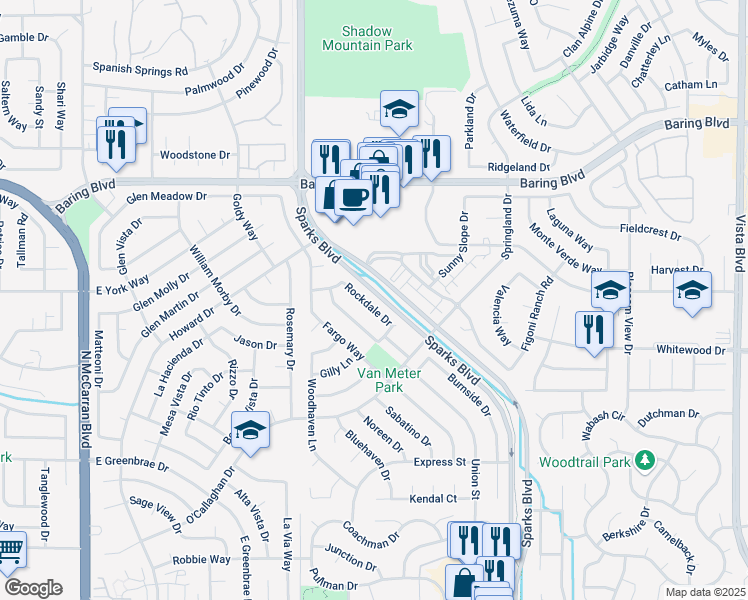 map of restaurants, bars, coffee shops, grocery stores, and more near 2186 Rockdale Drive in Sparks