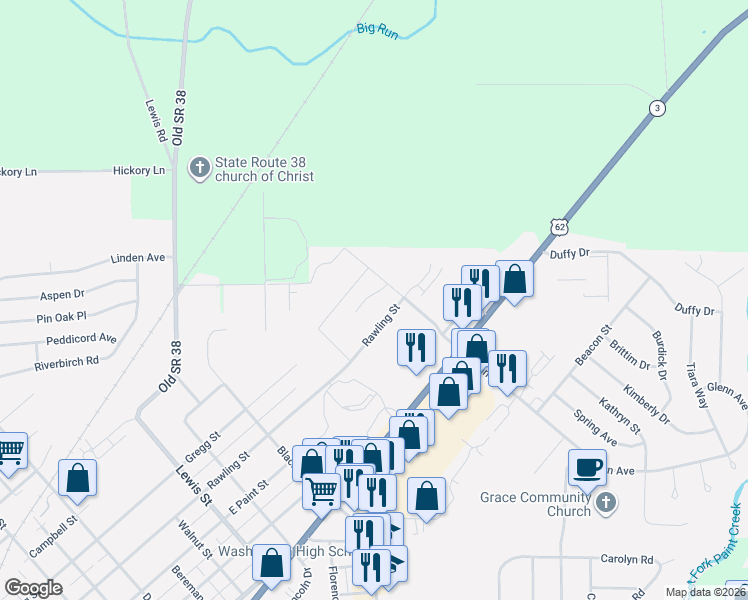 map of restaurants, bars, coffee shops, grocery stores, and more near 2130 Jenny Lane in Washington Court House