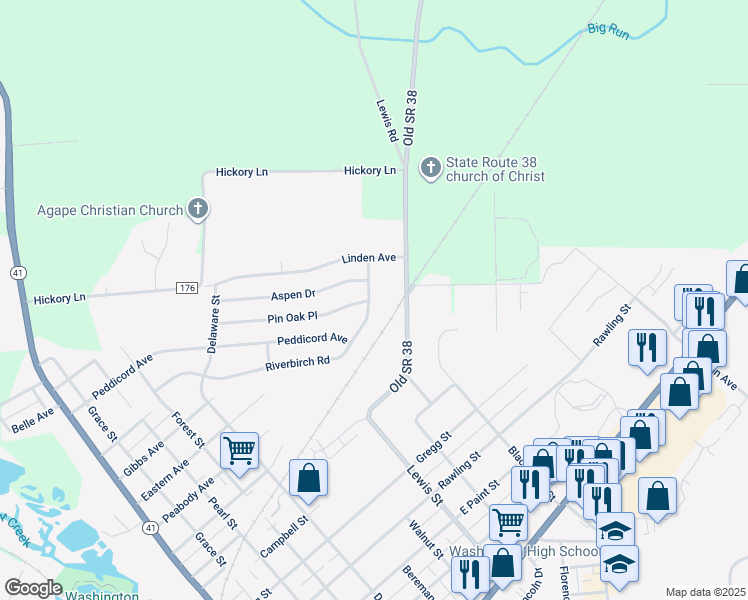 map of restaurants, bars, coffee shops, grocery stores, and more near 947 Riverbirch Road in Washington Court House