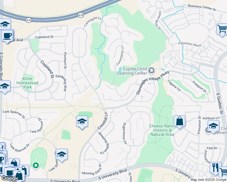 map of restaurants, bars, coffee shops, grocery stores, and more near 9042 Shetland Way in Littleton