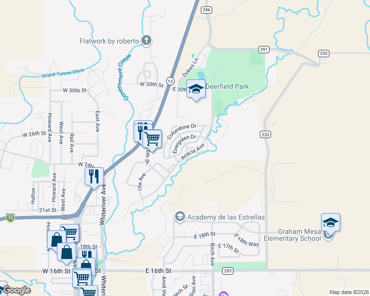 map of restaurants, bars, coffee shops, grocery stores, and more near Rifle Creek Trail in Rifle