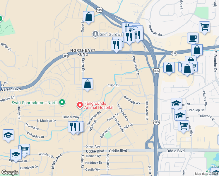 map of restaurants, bars, coffee shops, grocery stores, and more near 2095 Highview Court in Reno