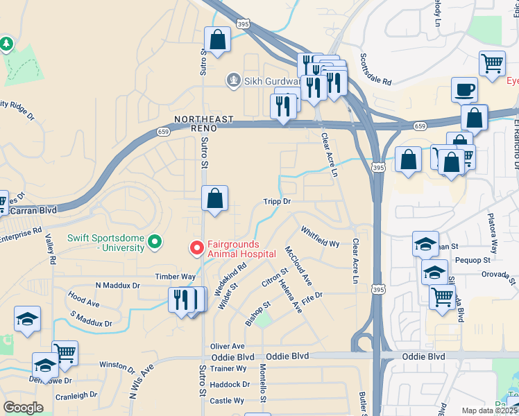 map of restaurants, bars, coffee shops, grocery stores, and more near 2095 Highview Court in Reno
