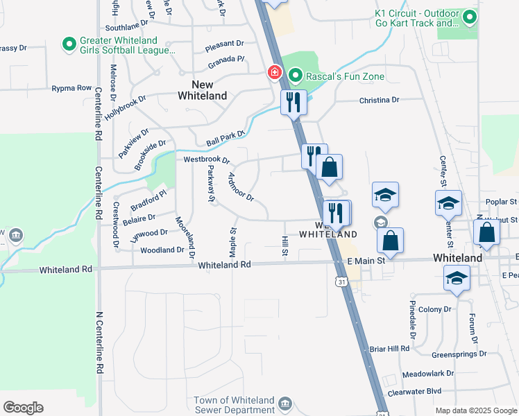 map of restaurants, bars, coffee shops, grocery stores, and more near 560 Parkway Street in Whiteland