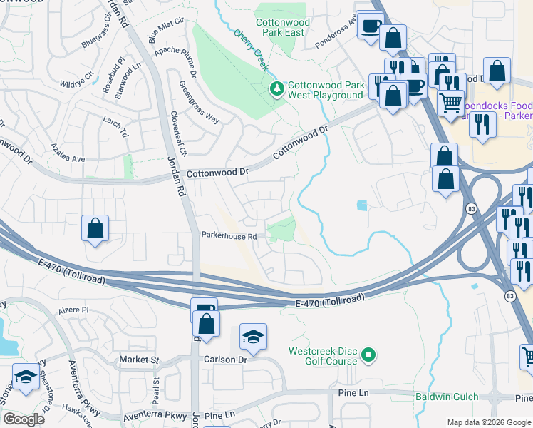 map of restaurants, bars, coffee shops, grocery stores, and more near 9058 Apache Plume Drive in Parker
