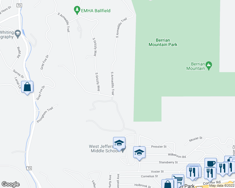 map of restaurants, bars, coffee shops, grocery stores, and more near 8864 South Armadillo Trail in Evergreen