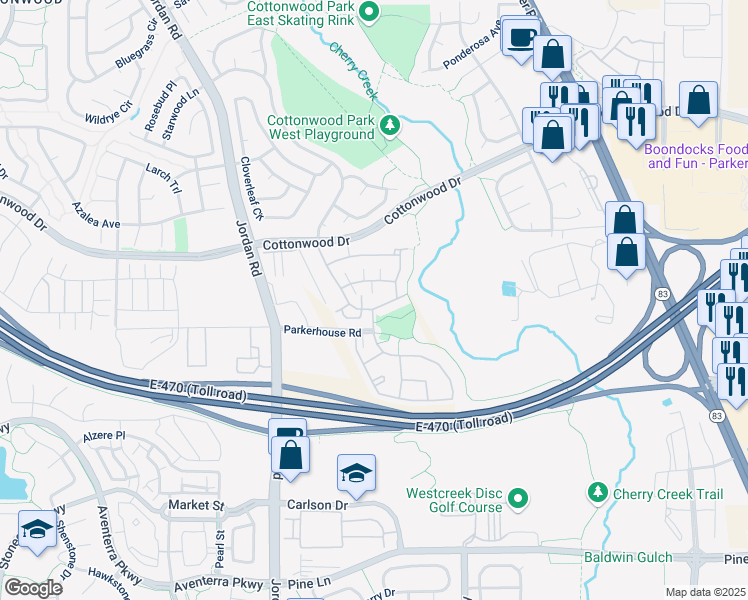 map of restaurants, bars, coffee shops, grocery stores, and more near 9058 Apache Plume Drive in Parker