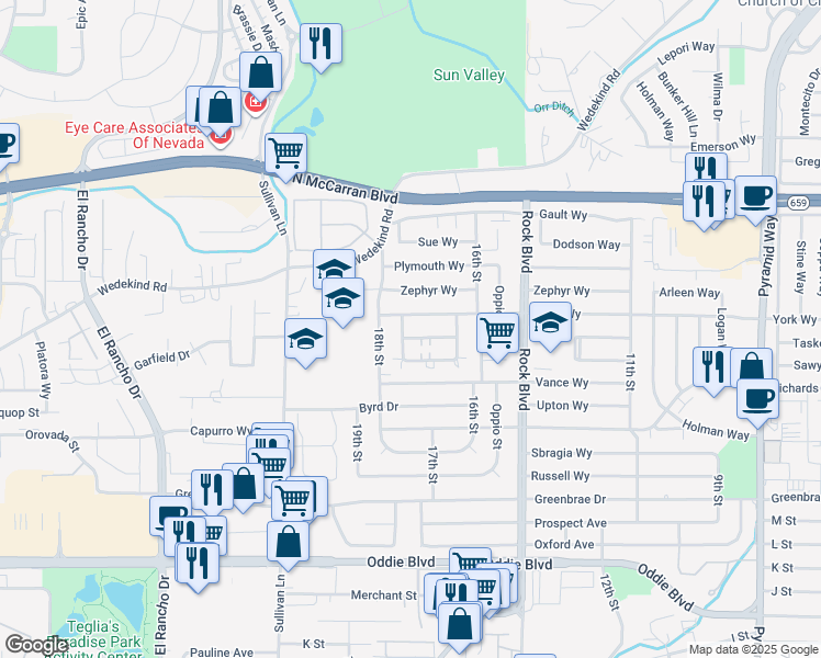 map of restaurants, bars, coffee shops, grocery stores, and more near 1735 Manchester Way in Sparks