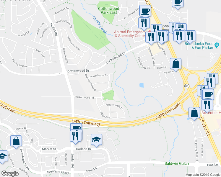 map of restaurants, bars, coffee shops, grocery stores, and more near 9079 Apache Plume Drive in Parker