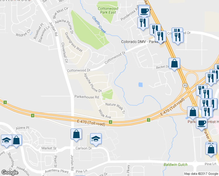 map of restaurants, bars, coffee shops, grocery stores, and more near 9063 Apache Plume Drive in Parker